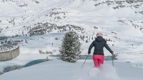 a person on skis in the snow next to a tree at Alp-Aren - Silvretta Card Premium Betrieb in Galtür