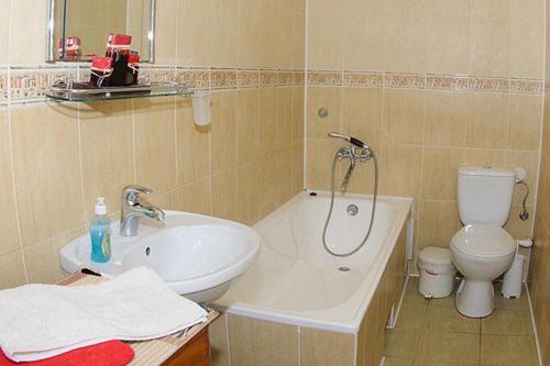 een badkamer met een wastafel, een bad en een toilet bij Anna Apartments in Lviv