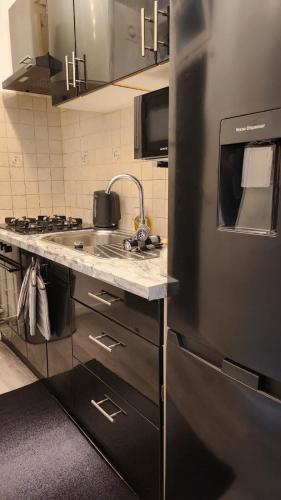 La cuisine est équipée d'un évier et d'un réfrigérateur noir. dans l'établissement Appartement cosy situé dans un quartier calme, à Villejuif
