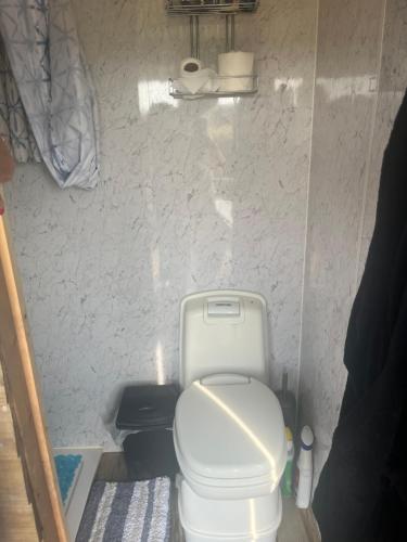 a small bathroom with a toilet in a room at The Hen House Shepherds hut with hot tub in Chittoe