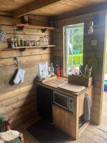 a kitchen in a log cabin with a counter and a window at The Hen House Shepherds hut with hot tub in Chittoe