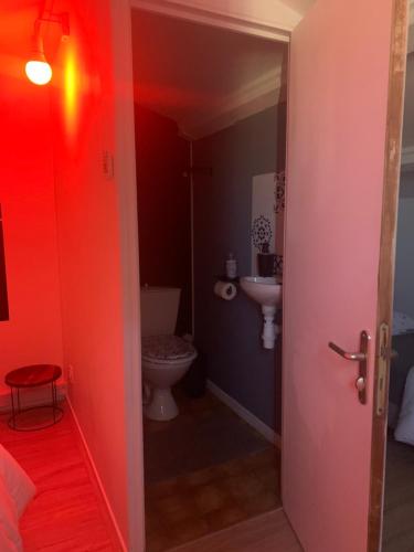 Dieses rote Zimmer verfügt über ein Bad mit einem WC. in der Unterkunft saint cyprien in Saint-Cyprien