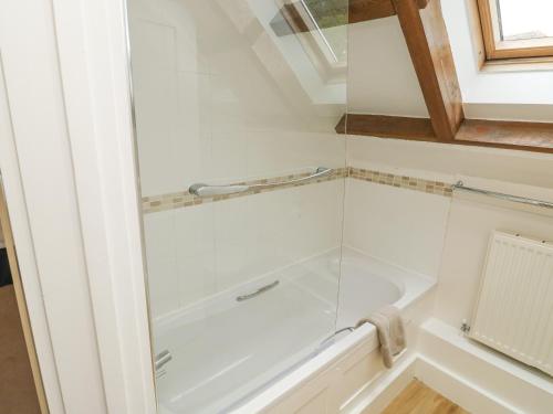 eine Dusche mit Glastür im Badezimmer in der Unterkunft Ixworth Cottage in Ottery Saint Mary