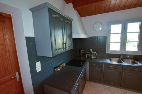une cuisine avec des armoires vertes et un évier dans l'établissement Villa 12 pers - grand jardin - 8 min à pied de la plage - idéal pour détente ou remote-working, à Saint-Martin-de-Ré