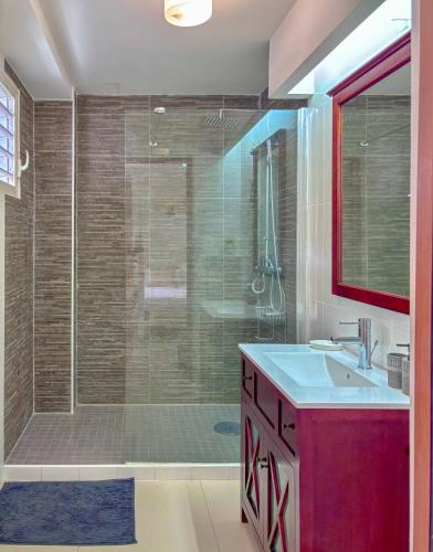 a bathroom with a glass shower and a sink at Leynita Bay in Le Diamant