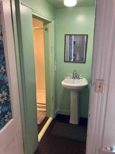 a bathroom with a sink and a mirror at Easy UW, Downtown Access in Seattle