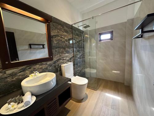 a bathroom with a sink and a toilet and a mirror at Cocos Polhena in Matara