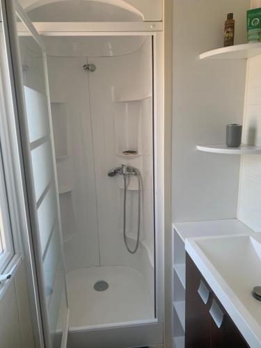 a shower with a glass door in a bathroom at Flo mobil home camping Poney trois étoiles route de Moustiers Ste Croix in Sainte-Croix-de-Verdon