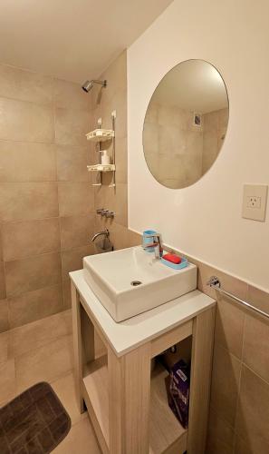a bathroom with a white sink and a mirror at Vi Hosting Anzoategui Aparts in Salta