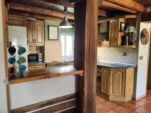 a kitchen with wooden cabinets and a counter top at Casa Rural Tozolosolobos in Otero de Bodas