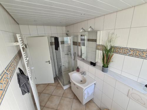 un bagno con lavandino, doccia e WC di FeWo Heppenheim a Heppenheim