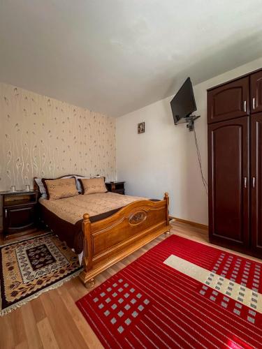 a bedroom with a bed and a television and a rug at Perla Brazilor in Frumosu
