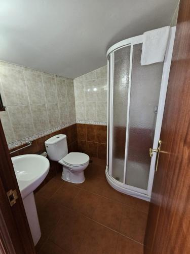a bathroom with a shower and a toilet and a sink at Habitaciones Pensión Lubina in Bueu