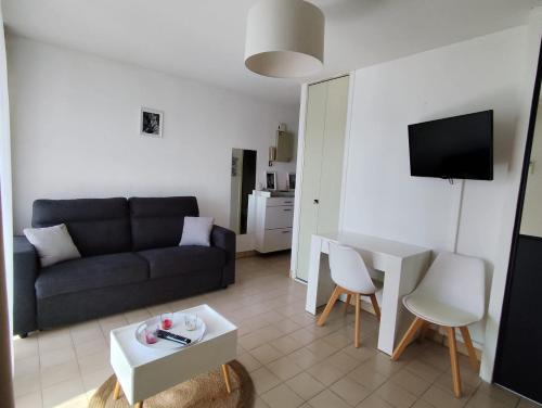 ein Wohnzimmer mit Sofa und Tisch in der Unterkunft Studio cabine climatisé sur le port de Mèze in Mèze