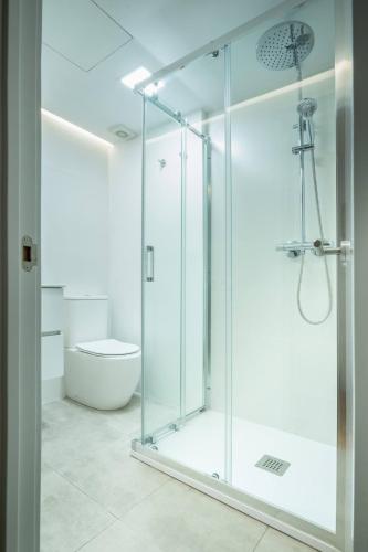 a glass shower in a bathroom with a toilet at Bcn - Loft Parc Guell in Barcelona