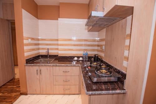 a kitchen with a sink and a stove at Hotel Vistara in Kathmandu