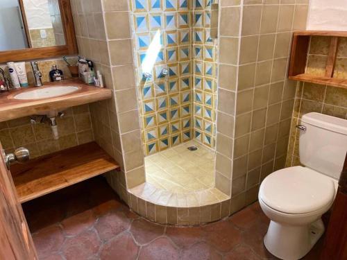 a bathroom with a shower with a toilet and a sink at La casita blanca, Las Planadas next Yankee Beach in Escamequita