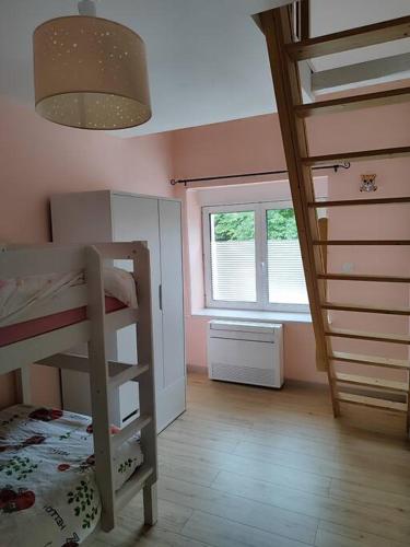 Cette petite chambre comprend des lits superposés et une fenêtre. dans l'établissement Maison Au Pays des Etangs, à Lorquin