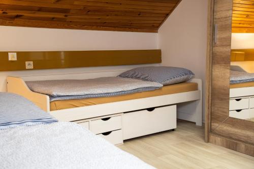 a bedroom with two beds and a mirror at Apartmány Nábřeží Sušice nad Otavou in Sušice
