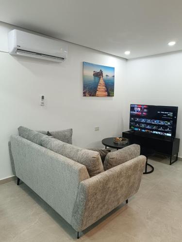 a living room with a couch and a flat screen tv at marom apartment in Dimona