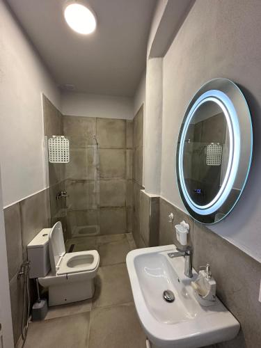 a bathroom with a sink and a toilet and a mirror at Las Palmas Guesthouse in Shkodër