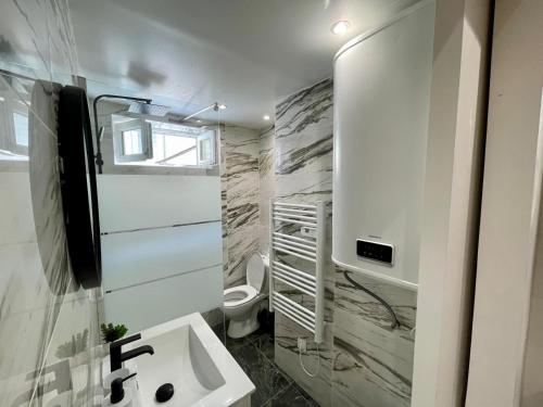 une salle de bain avec un lavabo blanc et des toilettes dans l'établissement Chic Cocon in Rouen, à Rouen