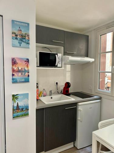 une petite cuisine avec un évier et un micro-ondes dans l'établissement Studio Cozy au cœur des Carmes, à Toulouse