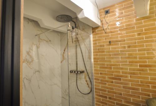 a bathroom with a shower with a brick wall at Anno 1706 apartments in Middelburg