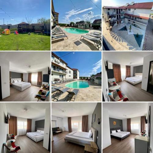 a collage of photos of a resort with a pool at Vila Dedy in Costinesti