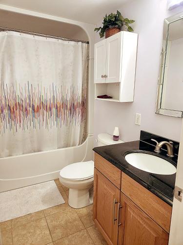 a bathroom with a toilet sink and a shower curtain at Gateway Place in Winnipeg