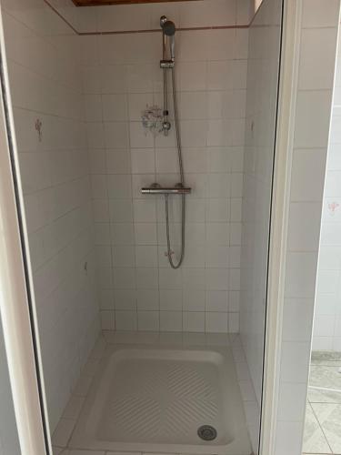 La salle de bains est pourvue d'une douche avec du carrelage blanc. dans l'établissement Gîte du Cerisier, à Liesville-sur-Douve