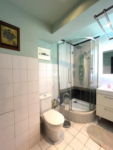 une salle de bain avec une douche, des toilettes et un lavabo dans l'établissement Chez Lilas Paris, Appartement 3 pièces,, aux Lilas