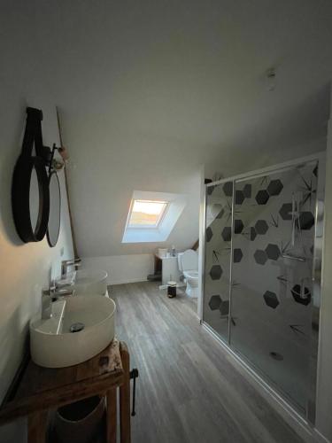La salle de bains est pourvue d'un lavabo et d'une douche. dans l'établissement Maison, gîte la famille les amis, à Allassac