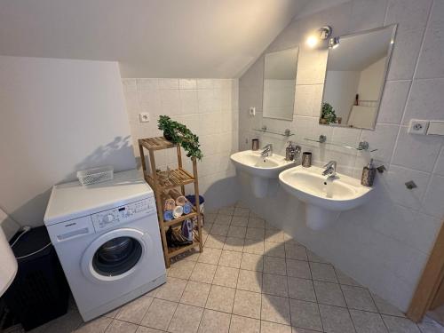 a bathroom with a washing machine and a sink at Villa Park Lipno 208 in Lipno nad Vltavou