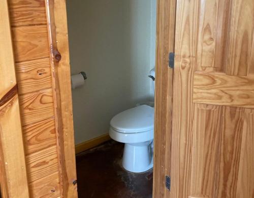 a bathroom with a toilet and a wooden door at Mountain Laurel Lodge in Concan