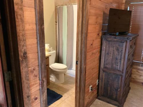 a bathroom with a toilet and a television on a wooden wall at Kisiah's Bluff in Concan