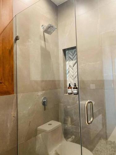 a bathroom with a shower stall with a toilet at BEACH FRONT CONDO, PRIVATE BEACH and AMAZING VIEWS!! in Los Cuatro Hermanos