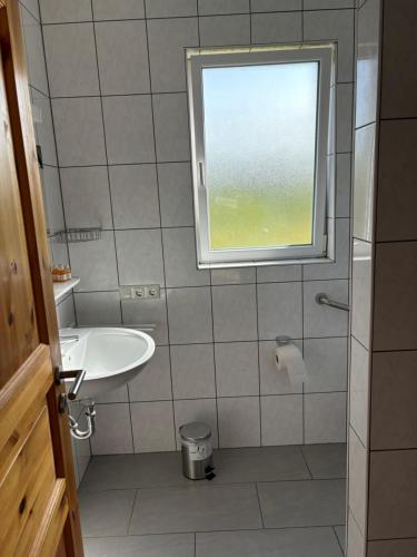 a bathroom with a sink and a window at Ferienwohnung Rheintal in Lahnstein