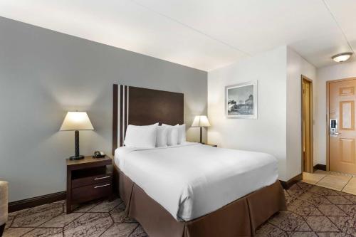 a hotel room with a large bed with white sheets at Best Western Plus Longbranch Hotel & Convention Center in Cedar Rapids