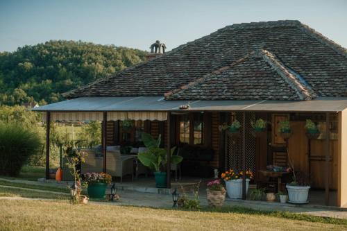 a house with a roof with plants and flowers at Kuća Luna in Gornji Milanovac