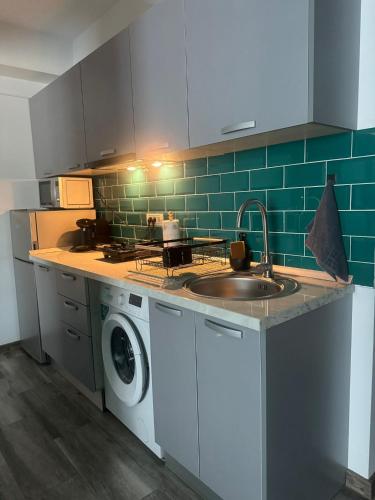 una cucina con lavello e lavatrice di Green Studio a Mamaia Nord - Năvodari