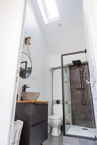 une salle de bain avec toilettes, lavabo et miroir dans l'établissement Le Charmant Cormeillais, à Cormeilles-en-Parisis