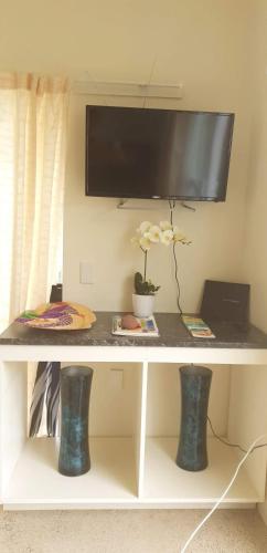 a white desk with a tv on top of it at Pittmans Sunrise in Titikaweka