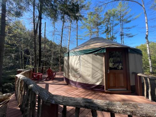 a yurt on a wooden deck in the woods at Alderbrook Yurt in Warrensburg