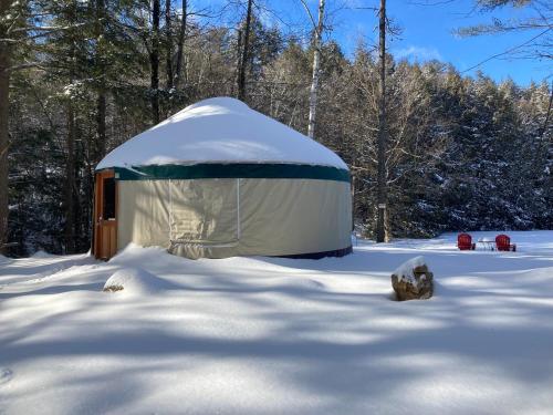 a yurt is covered in snow in a yard at Alderbrook Yurt in Warrensburg