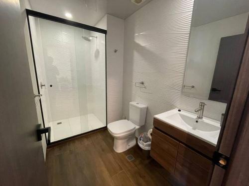 a bathroom with a toilet and a sink and a shower at Equipetrol Depto 1 Dorm piso 12 in Santa Cruz de la Sierra