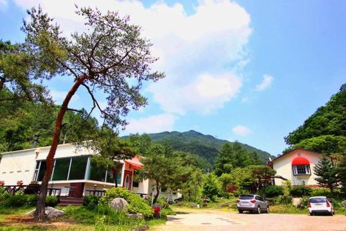 a house with cars parked in front of it at Yangpyeong Sanneomeo Pension in Yangpyeong