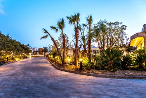 a road lined with palm trees at night at Seogwipo Smart Pool Villa in Seogwipo
