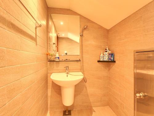 a bathroom with a sink and a mirror at Chuncheon Kerensia Pension in Chuncheon