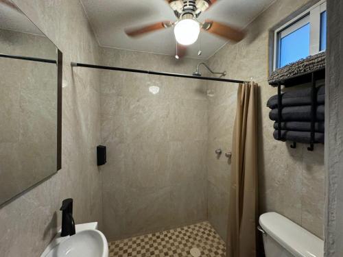 een badkamer met douche, toilet en wastafel bij Casa margarita in La Paz